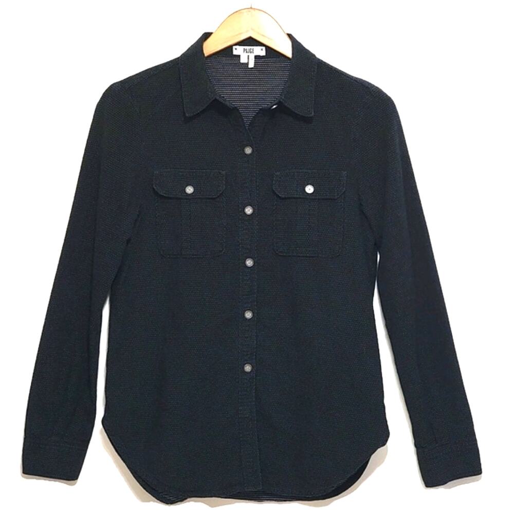 Paige Textured Cotton Button Down Shirt Long Sleeve Navy Blue S Classic